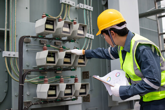 Electrical engineer inspecting transformer surge counters at substation, monitoring arrester records for maintenance diagnostics, safety compliance, and asset reliability.