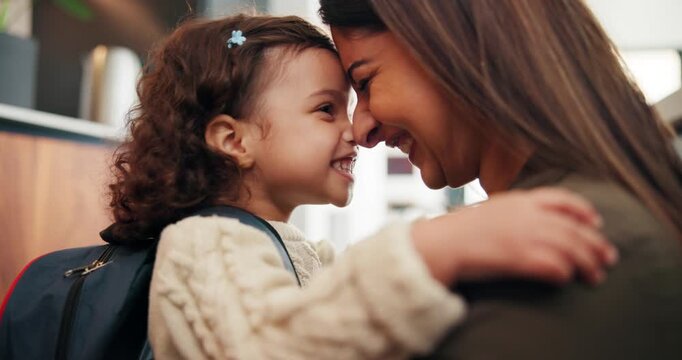 Education, mother and child with hug, backpack and love for learning support, back to school and getting ready. Happy family, woman and girl in kitchen for morning routine and study motivation