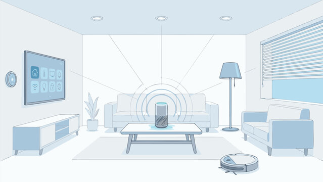Modern Smart Home Living Room Illustration with Voice Assistant Speaker, Automated Lighting, Robot Vacuum, and Interactive Control Panel on Wall, Clean Minimalist Flat Vector Design Concept.