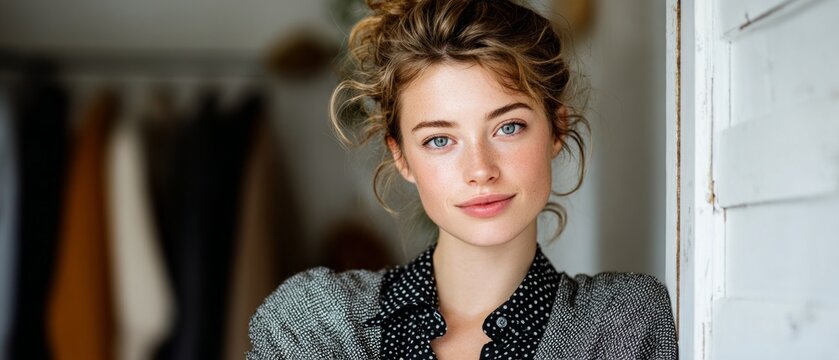 The girl with the tousled bun and freckles by the door &ndash; a backdrop for natural beauty, morning rituals and an effortless everyday style.