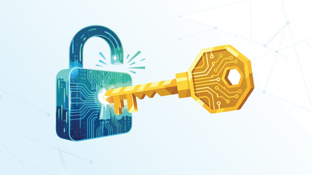 Stylized golden key with circuit board patterns opening a blue digital padlock with binary code and electronic traces, representing cyber security, data access, encryption, and protection.