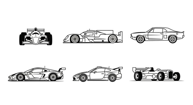 Collection of six different racing car sketches in black and white.
