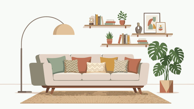 Modern Interior Design of a Cozy Living Room Featuring a Comfortable Sofa with Decorative Cushions, Potted Plants, Wall Shelves with Books, and a Stylish Floor Lamp in a Minimalist Vector Style.