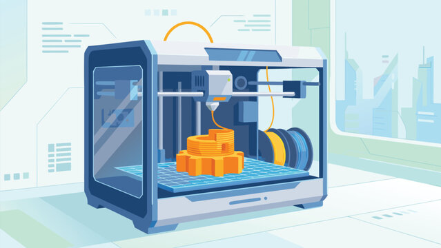 Futuristic 3D printer machine creating a prototype gear object in a high-tech laboratory, advanced additive manufacturing technology concept, flat vector illustration of industrial design.