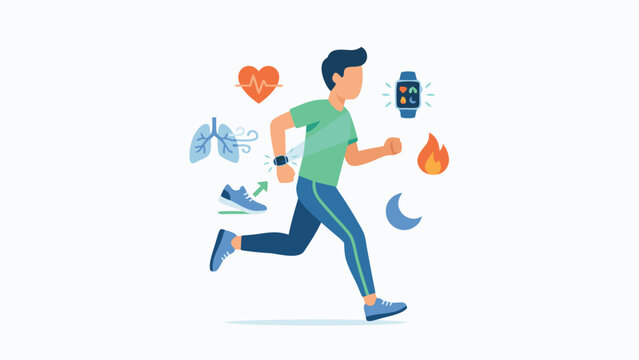 Flat vector illustration of a man running while wearing a smartwatch, surrounded by floating health icons including heart rate, lung capacity, calories burned, sleep tracking, and step count.