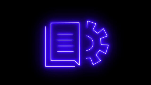 Neon line Document settings with gears icon isolated on black background. Software update, transfer protocol, teamwork tool management. 4k animation 