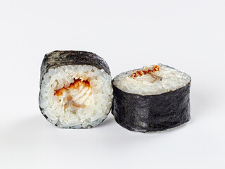 Unagi maki sushi rolls with teriyaki sauce and sesame seeds isolated on white background © Andrei Starostin