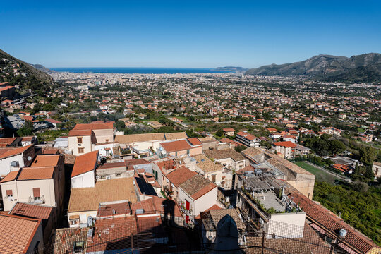 view of the Conca d'Oro valley and Palermo, Monreale, Sicily, Italy, Europe