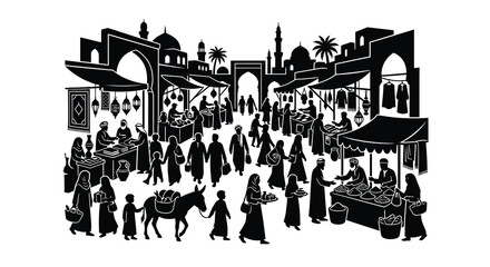 Obraz premium Silhouette of a bustling middle eastern marketplace with people and vendors