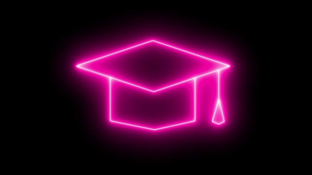 Neon line graduation icon animation, Glowing neon academic education hat animated, university, learning and student celebration cap, Graduation hat with tassel icon. 4K Video motion