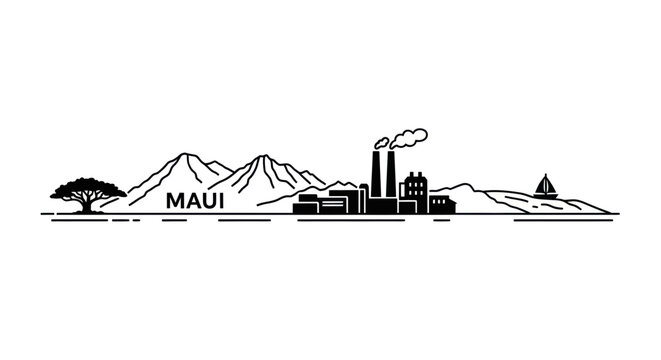 Maui Skyline Silhouette with Mountains, Factory, and Sailboat