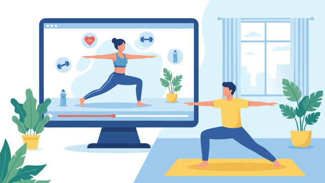 Man practicing yoga at home while following an online fitness class on a computer monitor with a female instructor. Digital workout, healthy lifestyle, and remote training vector illustration.