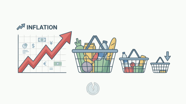 Stylized vector illustration showing a rising inflation chart with a red arrow next to shopping baskets that decrease in size, symbolizing economic crisis, rising food prices, and cost of living.