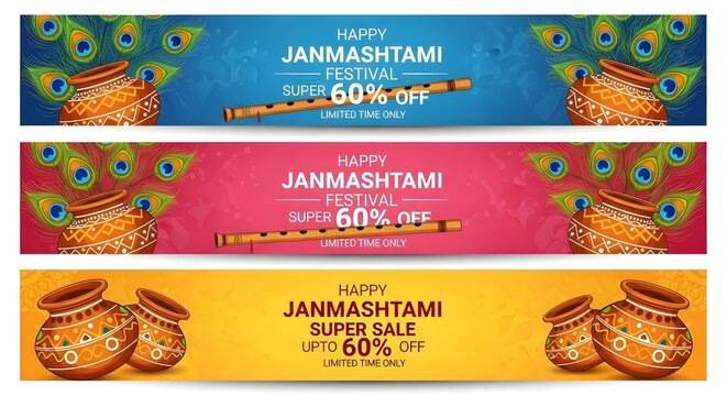 Janmashtami festival sale banners celebrating krishna's birth in hinduism with 60 off promotions