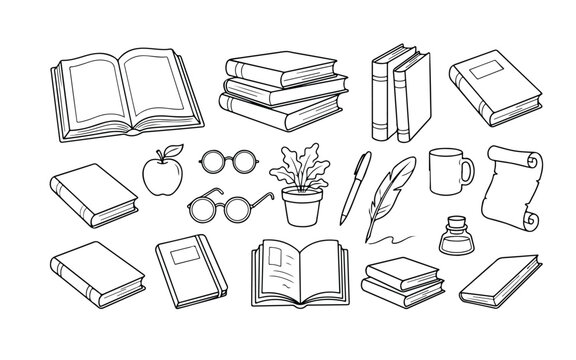 Hand Drawn Books and Stationery Doodle Set; Black Minimalist Reading and Education Sketch Elements featuring Open Notebooks, Glasses, Quill Pen, and Inkwell for Library and Bullet Journal Design