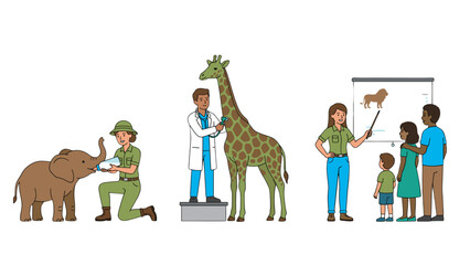 Naklejka premium Zoo professions and animal care vector set: zookeeper feeding baby elephant, veterinarian examining giraffe, and guide educating family