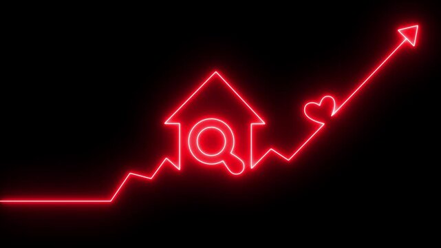 Real estate market growth neon line graph with house and heart