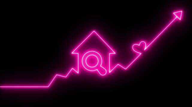 Real estate market growth neon line graph with house and heart