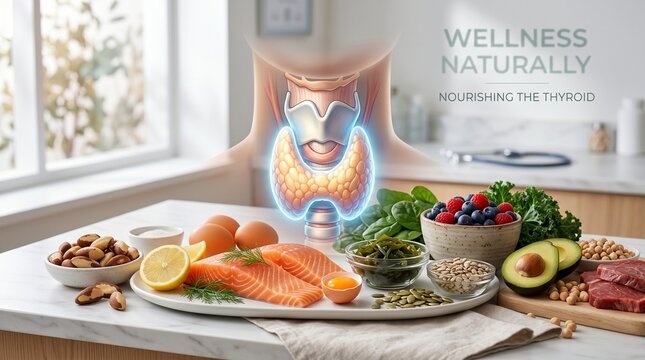 An infographic showing natural foods for thyroid health next to an anatomical illustration