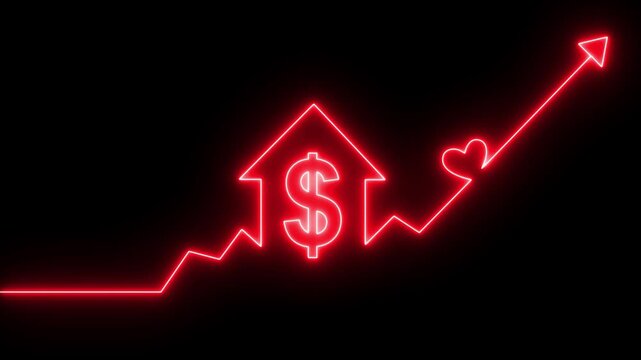 Real estate market growth neon graph with dollar sign and heart