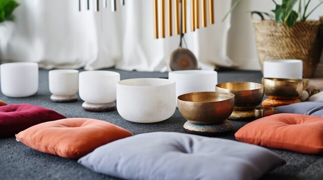 Meditation setup with singing bowls, cushions, and candles in a calm wellness studio