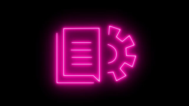 Neon line Document settings with gears icon isolated on black background. Software update, transfer protocol, teamwork tool management. 4k animation 