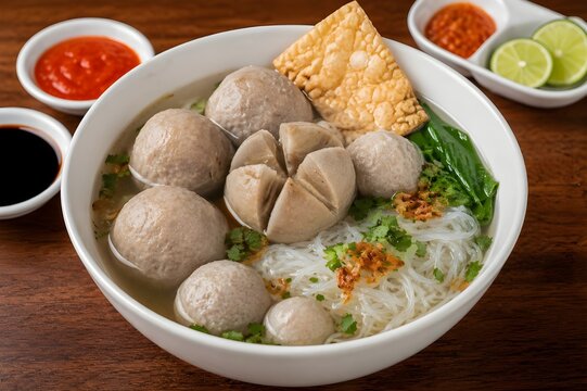 Indonesian Meatball Soup (Bakso Sapi) served with noodles, rice vermicelli, fried wonton, and chili sauce