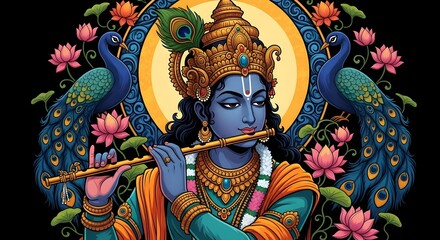 Obraz premium Krishna playing flute hinduism spirituality artwork blue krishna with peacocks and lotus flowers