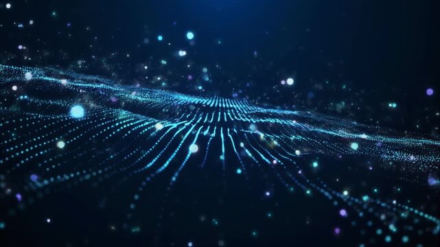 Abstract digital wave pattern of shimmering particles and glowing lights on a dark blue background, symbolizing data flow and connectivity in technology