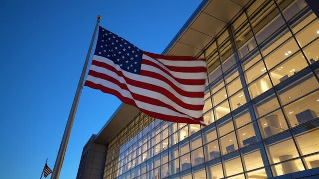 American Flag Waving in Front of Modern Glass Building at Dusk