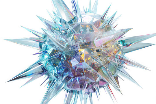 Abstract virus entity with crystalline structure and glowing core on white background in detailed 3D design