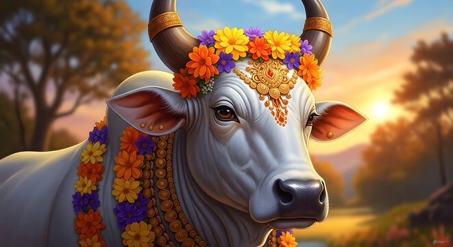 Sacred cow portrait hinduism symbolism divine nandi bull with floral garland spiritual art for religious decor