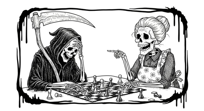Grim reaper and skeleton playing chess.