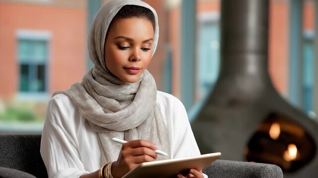 Woman writes in notebook while seated on sofa. Indoor setting with warm lighting and modern decor. Concept of education, creativity, personal development