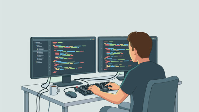 Vector illustration of a professional software developer programmer typing code on dual monitors at a desk with matrix style binary background, coding software application in a modern workspace.