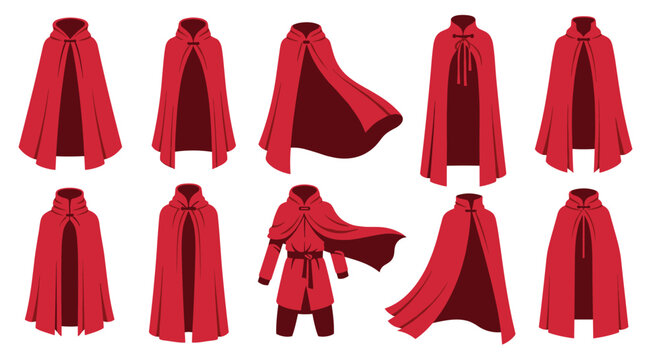 Collection of different medieval red capes and cloaks including various hoods and styles and a full tunic outfit for roleplay characters.