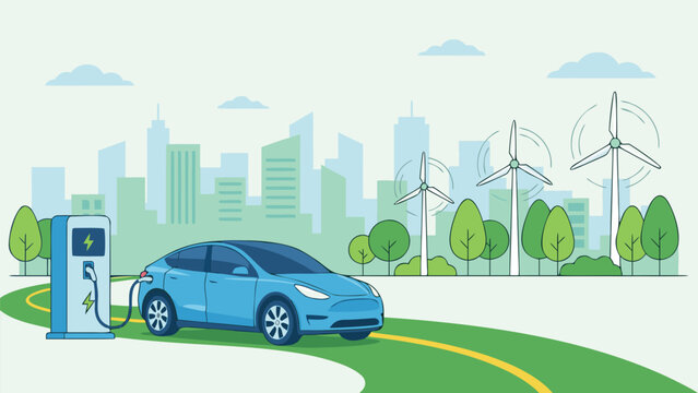Electric Car Charging at Station with City Skyline, Wind Turbines, and Green Trees in Background; Concept of Sustainable Energy, Eco-Friendly Transportation, and Future Green Technology.