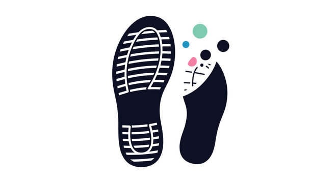 Pair of black boot footprints with tread patterns and colorful decorative circular bubbles on a clean white background.