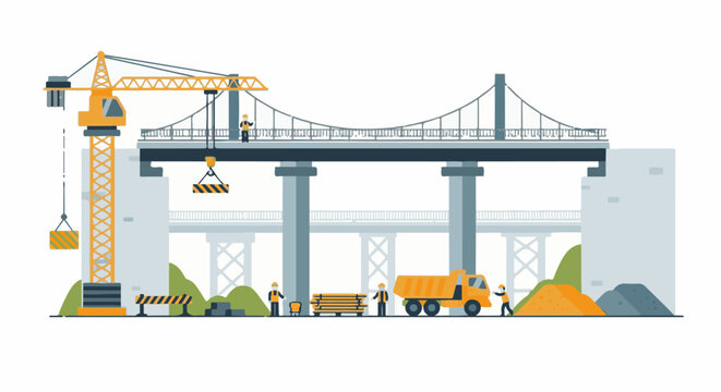 Construction workers building a bridge with cranes and dump trucks