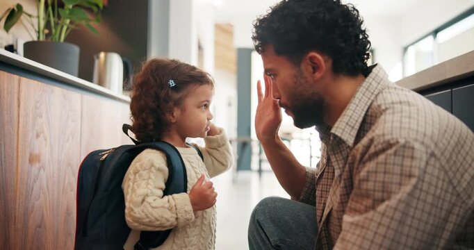 Education, father and high five child with backpack for learning support, back to school and getting ready to leave. Happy family, man and girl in kitchen for morning routine and study motivation