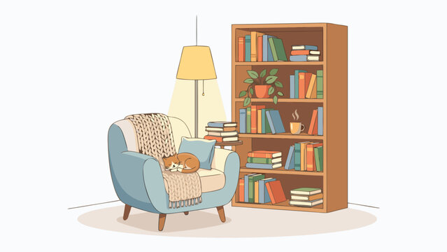 Cozy Reading Nook Illustration Featuring a Comfortable Blue Armchair, Sleeping Ginger Cat, Floor Lamp, and Wooden Bookshelf Full of Books, Relaxation and Introversion Concept, Flat Vector Art