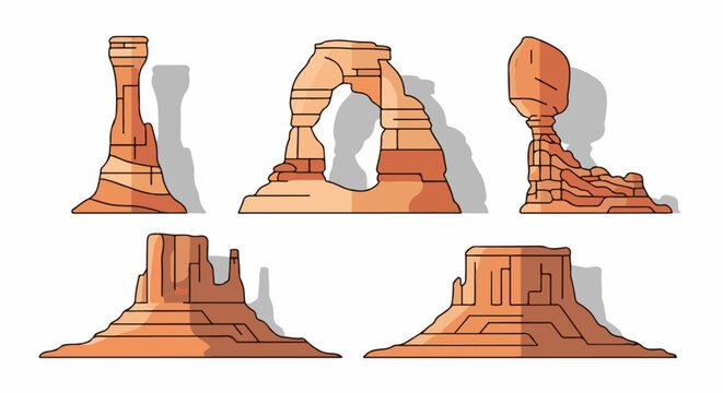 Stylized desert rock formations in various iconic shapes