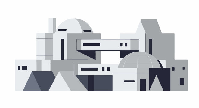 Geometric abstract cityscape with monochromatic buildings and domes