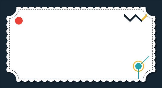 Empty white scalloped edge rectangular frame with thin dotted border and colorful abstract geometric accents on a dark background.