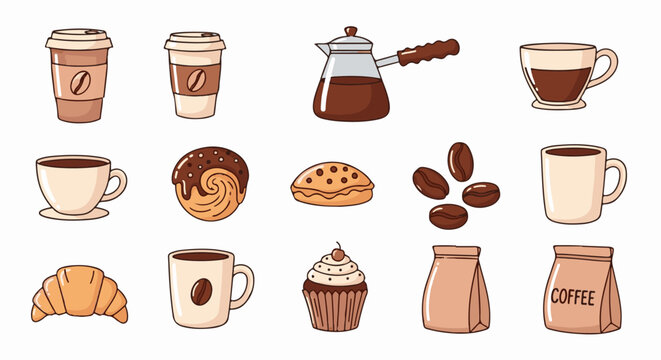 Collection of coffee drinks and pastries with coffee beans and bags