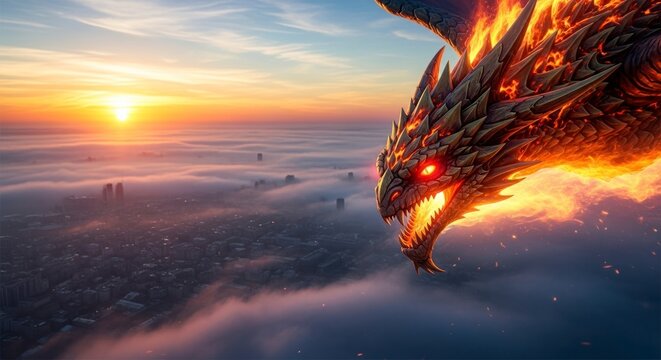 Majestic Fire Dragon with Glowing Red Eyes Soars Over a Sea of Clouds at Dawn.