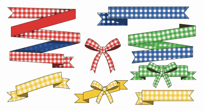 Various gingham patterned ribbons and bows in red, blue, green, and yellow