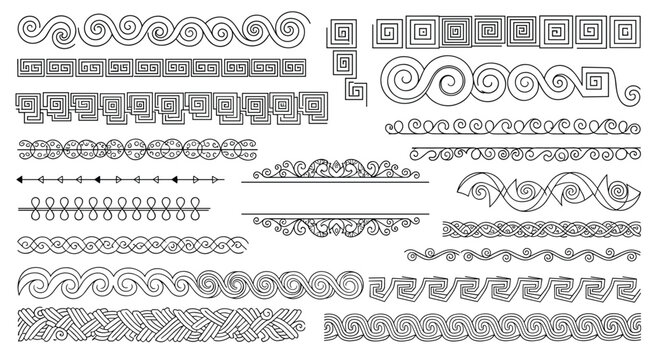Decorative collection of classic greek and roman border patterns featuring geometric meander and spiral designs for traditional art projects.