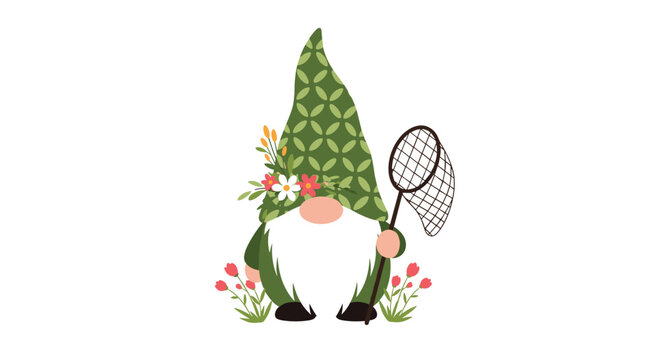 Adorably whimsical garden gnome wearing a green patterned hat and holding a net while standing among spring flowers in the garden.
