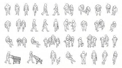 Obraz premium Top Down Architecture CAD Hand Drawn People Sketch Vector Set in Thin Line Editable Stroke Style Isolated on White Background